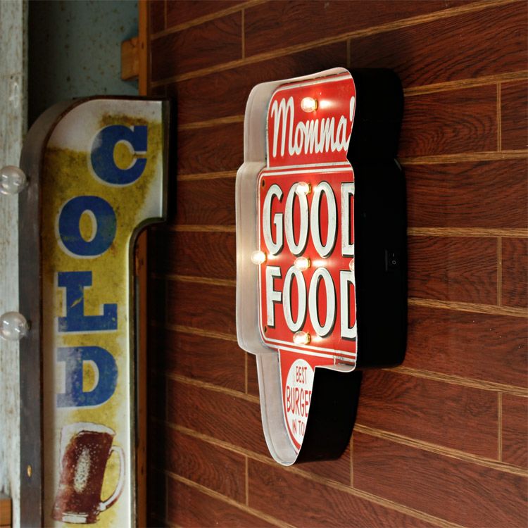 看板 LEDライト付きウォールサイン 『GOOD FOOD』 高さ40×幅32×厚み5cm スチール製 電池式 照明 壁掛け アメリカン雑貨  アメリカン雑貨COLOUR カラー